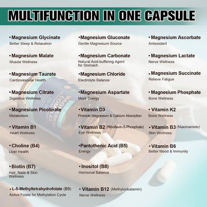 25-in-1 Magnesium Complex with Methylated B Complex Magnesium Glycinate Citrate Malate Taurate Gluconate Aspartate Carbonate D3 K2, Magnesium Supplement for Relaxation Energy & Nerve, 120 Vegan Caps Totaria buy supplements Au