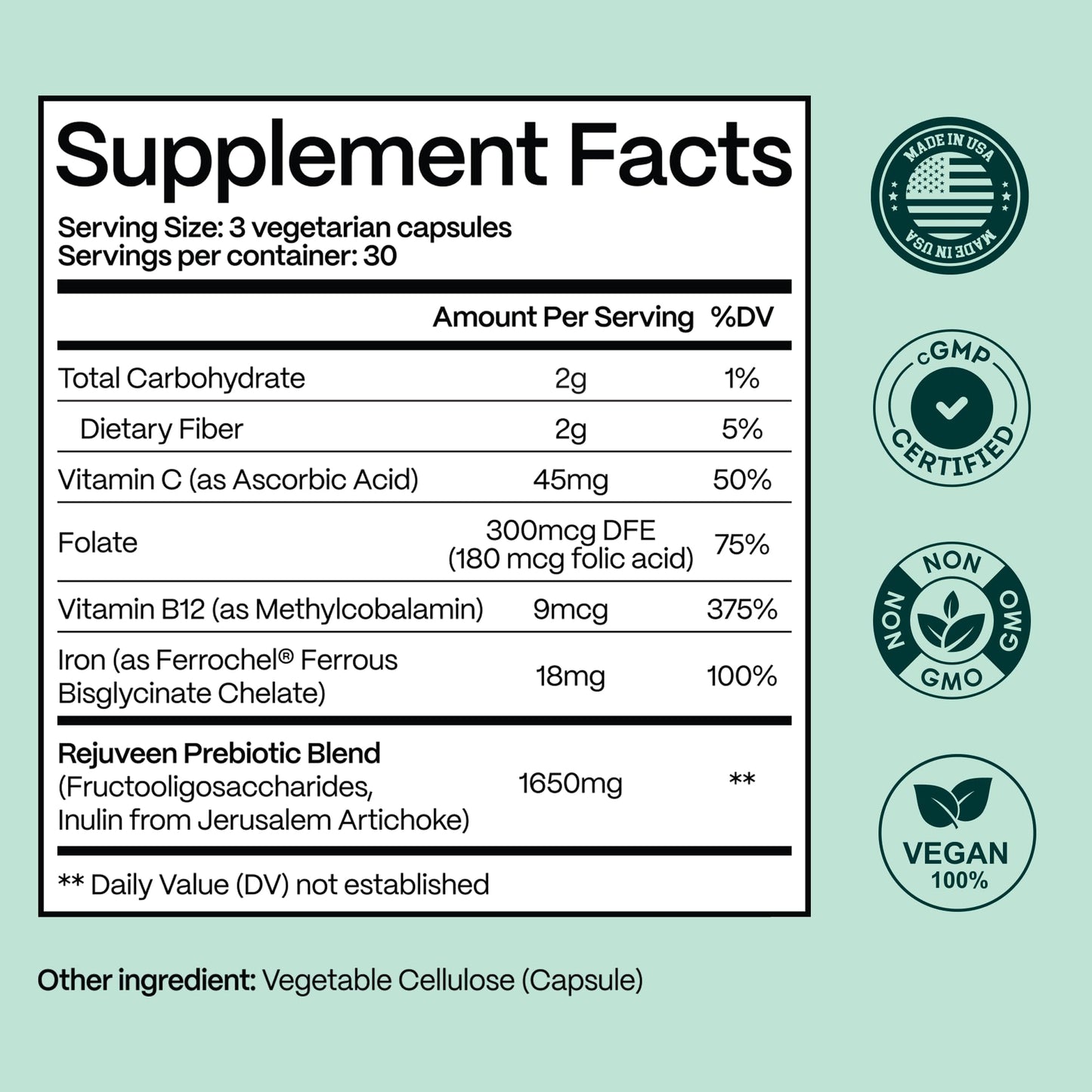 Rejuveen Previtalean | Prebiotic Fiber Supplement for Women | Supports Gut Health & Red Blood Cell Production | Contains Highly Bioavailable Iron