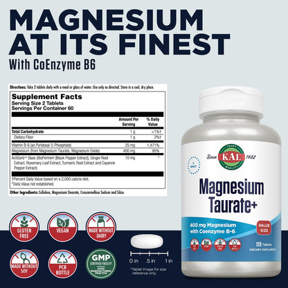 KAL Magnesium Taurate 400mg Plus Vitamin B6, Chelated Magnesium Supplement, High Absorption Magnesium Complex, Muscle and Heart Health Support, Vegan, Gluten Free,
