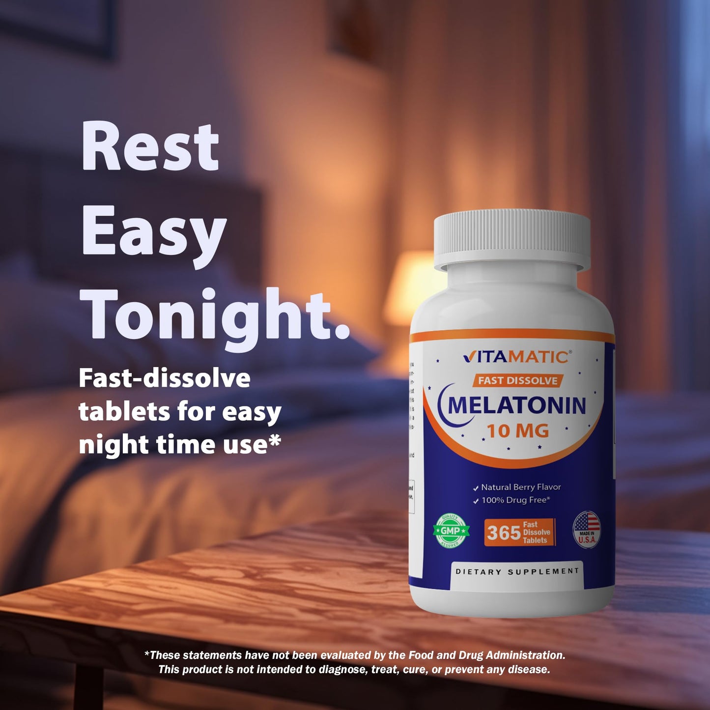 Vitamatic Melatonin 10 mg Fast Dissolve Tablets – Quick-Dissolving Sleep Support Supplement for Adults – Vegetarian, Non-GMO & Gluten-Free