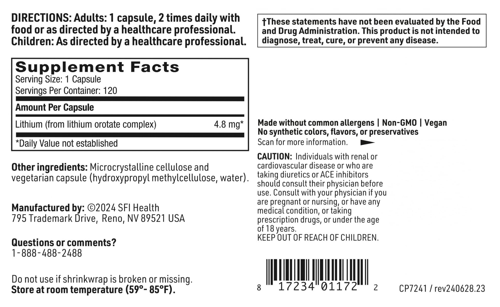 Klaire Labs SFI Health Lithium Orotate 4.8 mg - May Help Balance Mood - Bioavailable Lithium Orotate Supplement - Trace Minerals Promote Focus, Memory, Cognitive & Mood Support (120 Capsules) SFI HealthBuy Supplements Australia