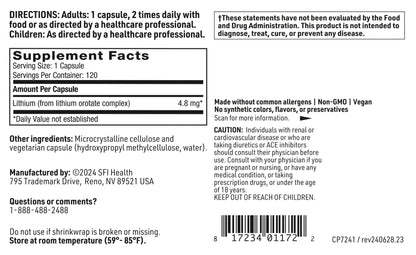 Klaire Labs SFI Health Lithium Orotate 4.8 mg - May Help Balance Mood - Bioavailable Lithium Orotate Supplement - Trace Minerals Promote Focus, Memory, Cognitive & Mood Support (120 Capsules) SFI HealthBuy Supplements Australia