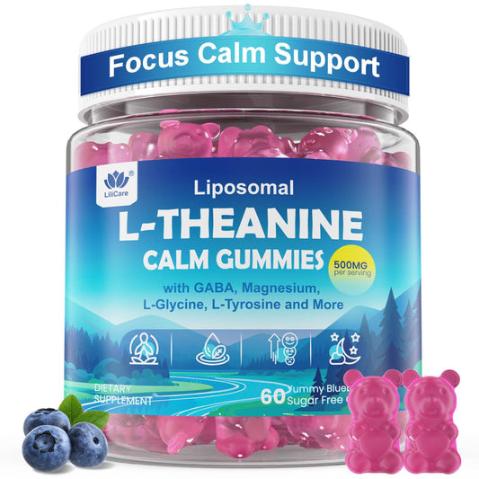 L Theanine Calm Gummies 500mg, Sugar-Free Liposomal L-Theanine Supplement, w/Safforn, Magnesium Glycinate, GABA, Ashwagandha, Algae Omega-3, Vitamin D3 B12