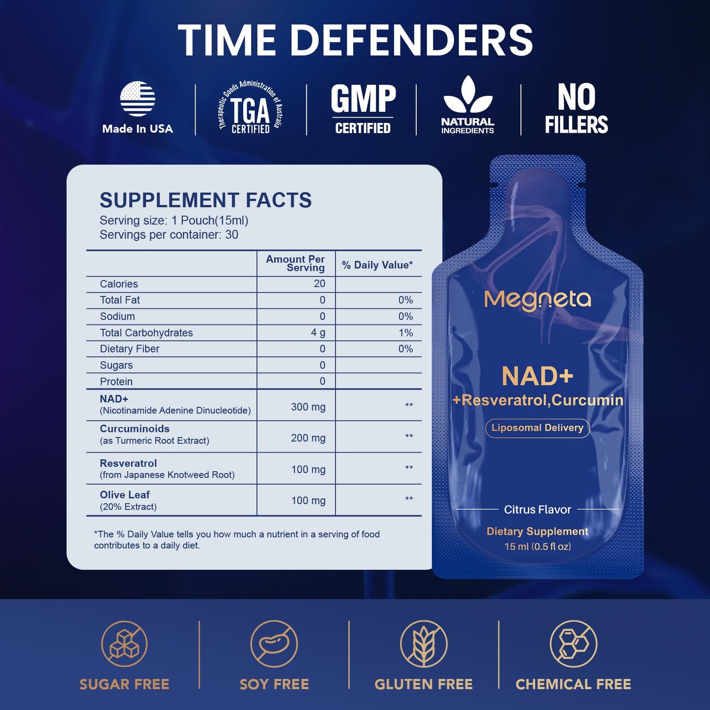 MEGNETA Liposomal NAD+ Supplement with Resveratrol, Anti-Aging, Energy Boost & Cellular Health Support, 15.2 fl. oz NAD Liquid for Men & Women (30 Pouch)