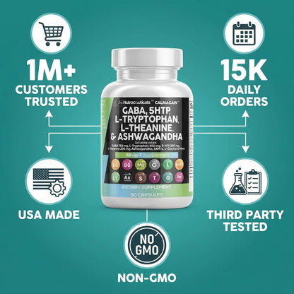 Clean Nutraceuticals GABA 750mg 5 HTP 200mg L Tryptophan 500mg L Theanine 200mg Ashwagandha SAM-e L-Glycine - Mood Support Vitamins for Women and Men with L-Tyrosine 5-HTP (5-Hydroxytryptophan)