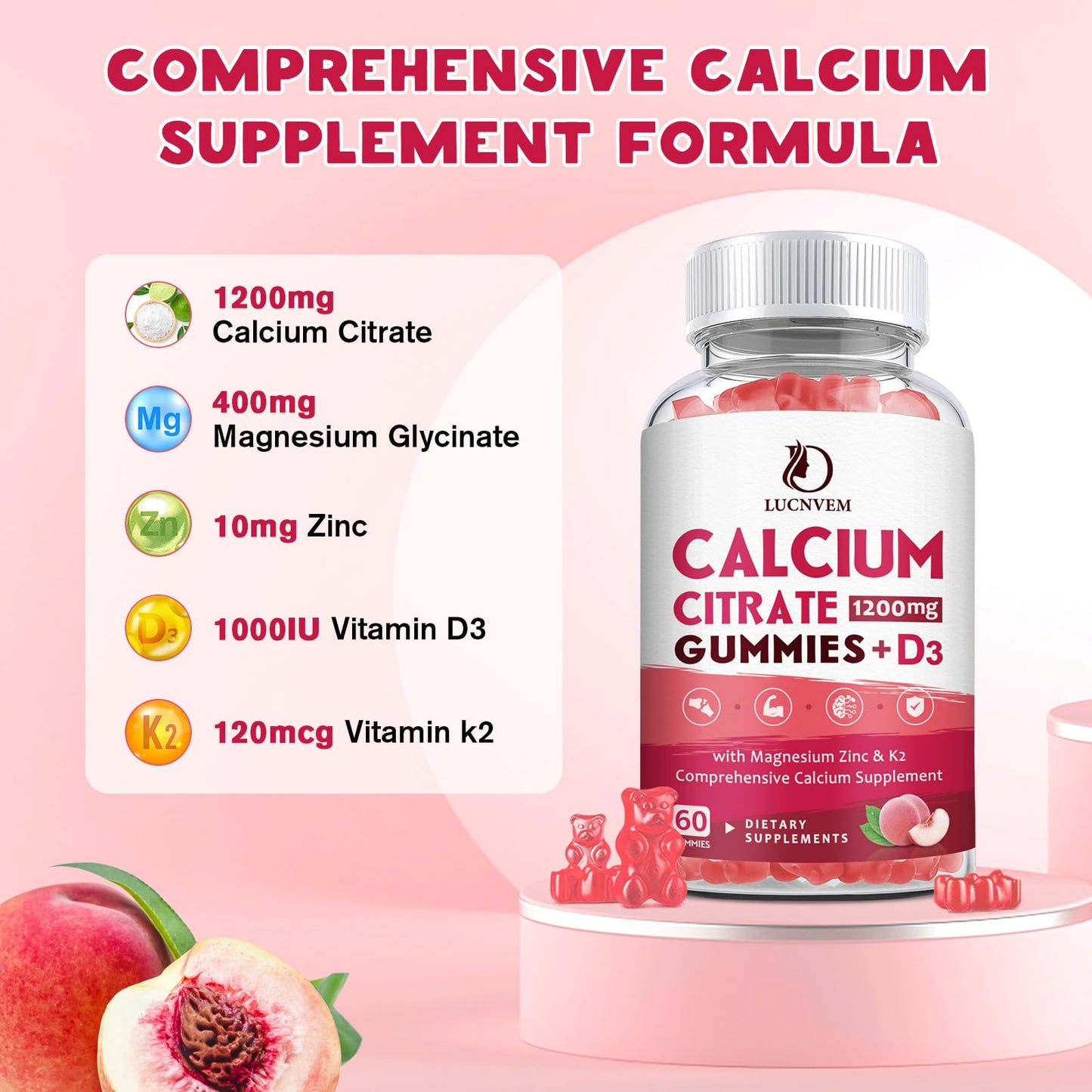 (2 Pack) Calcium Citrate 1200mg with Vitamin D3 Supplements Gummies for Women & Men, Calcium Gummies with Vitamin D3 K2, High Absorption