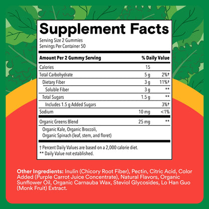 SmartyPants Kids Fiber & Veggies: Prebiotic Fiber Gummies for Kids, Fiber Supplement with Inulin, Organic Green Veggie Blend, Vegan, Gluten Free