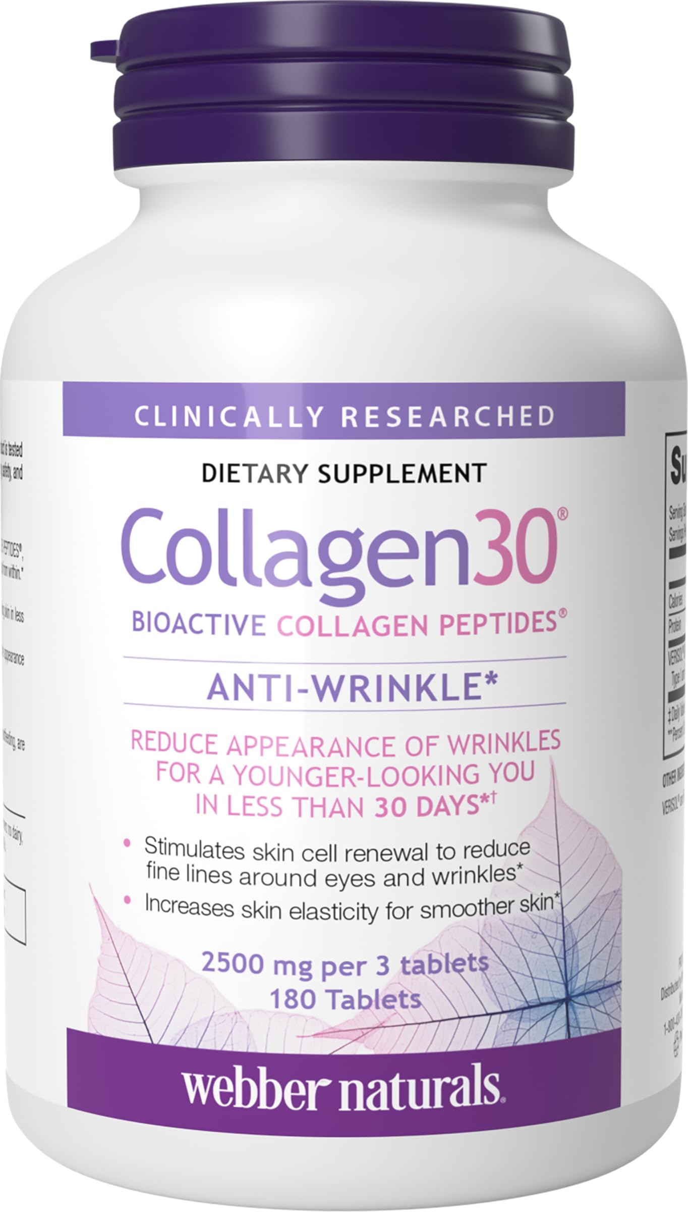 Webber Naturals Collagen30 Anti-Wrinkle, 2,500mg of Bioactive Collagen Peptides Per Serving (3 Tablets), 180 Tablets, Helps Reduce Deep Wrinkles, Fine Lines, Non GMO, Dairy, Gluten Free Webber Naturals buy supplements Au
