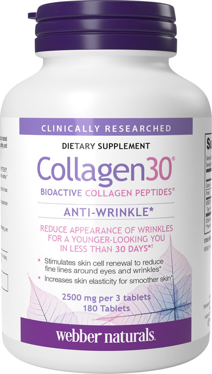 Webber Naturals Collagen30 Anti-Wrinkle, 2,500mg of Bioactive Collagen Peptides Per Serving (3 Tablets), 180 Tablets, Helps Reduce Deep Wrinkles, Fine Lines, Non GMO, Dairy, Gluten Free Webber Naturals buy supplements Au