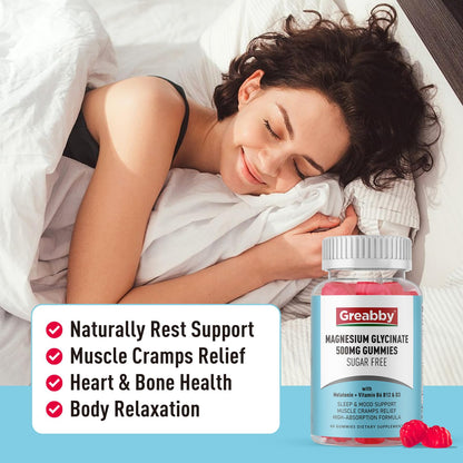 Greabby Magnesium Glycinate Gummies 500mg for Adults Sleep Support, Chewable Magnesium Gummies for Women & Men, Muscle Relief & Magnesium Supply (60 Count) GREABBYBuy Supplements Australia