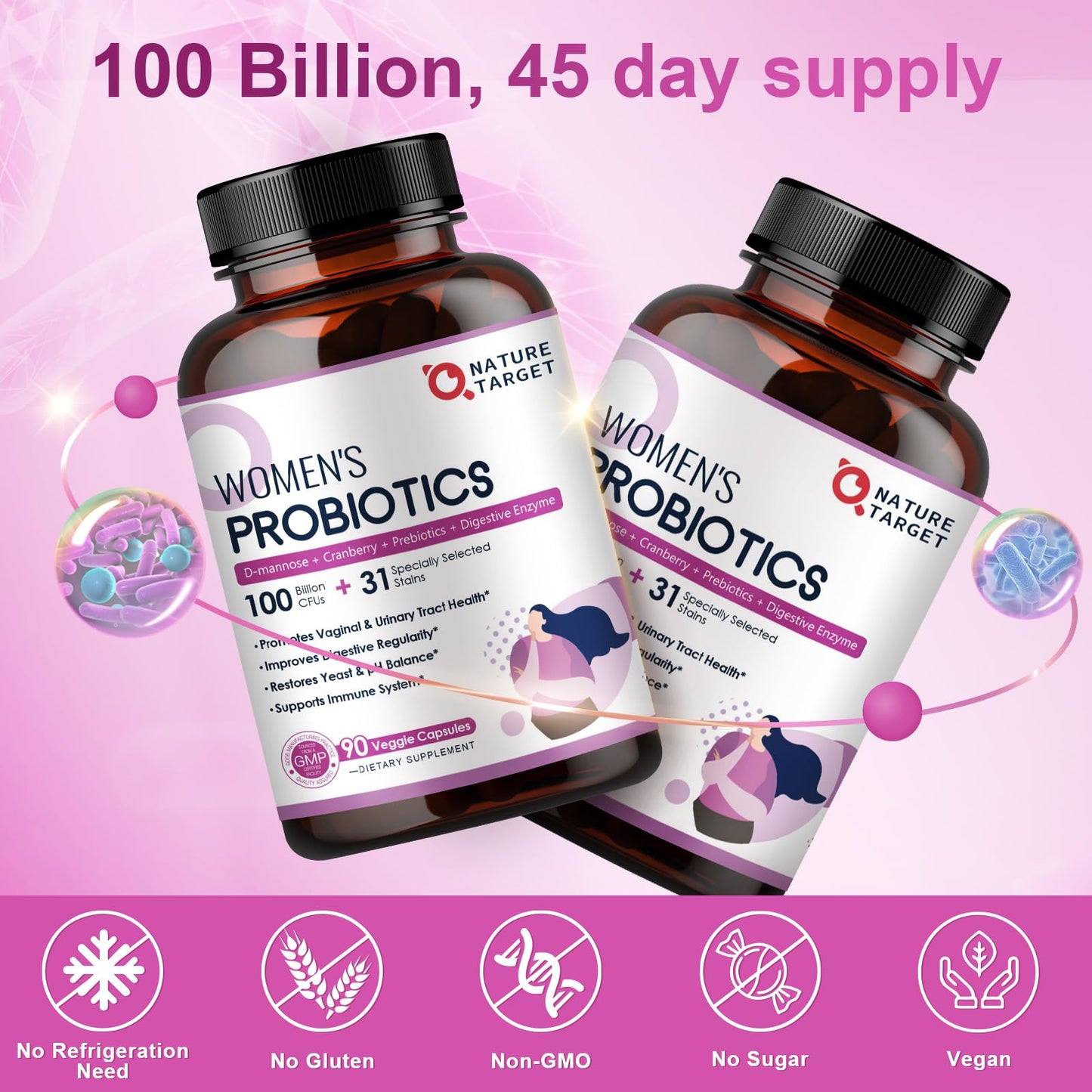 NATURE TARGET Probiotics for Women, 100 Billion CFUs Probiotic with Digestive Enzymes & Prebiotics, Vaginal Probiotics with Cranberry for Urinary Tract Health