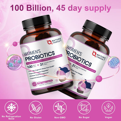 NATURE TARGET Probiotics for Women, 100 Billion CFUs Probiotic with Digestive Enzymes & Prebiotics, Vaginal Probiotics with Cranberry for Urinary Tract Health