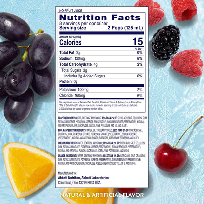 Pedialyte Electrolyte Solution Freezer Pops, Hydration Variety Pack— Grape, Blue Raspberry, Cherry, Orange, Pack of 64