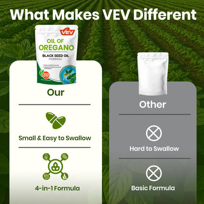 VEV Oil of Oregano with Black Seed Oil & Moringa, Organic, 300 Softgels, Aceite de Orégano, Carvacrol-Rich, Opaque Airtight Packaging