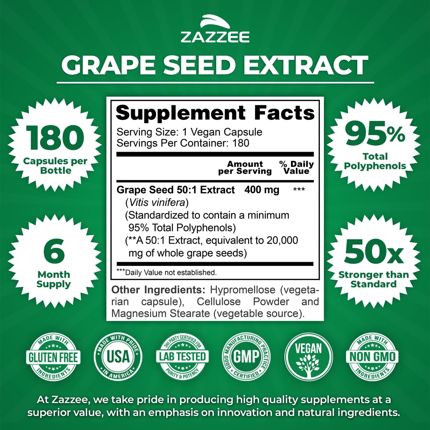 Zazzee High Strength Grape Seed 50:1 Extract, 180 Vegan Capsules, 95% Polyphenols, 400 mg per Capsule, 6 Month Supply, Antioxidant