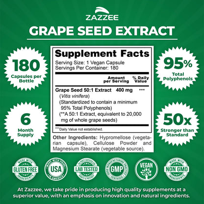 Zazzee High Strength Grape Seed 50:1 Extract, 180 Vegan Capsules, 95% Polyphenols, 400 mg per Capsule, 6 Month Supply, Antioxidant