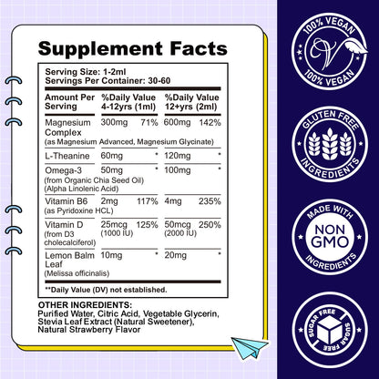 Kids Magnesium Liquid Drops-Magnesium Glycinate Liquid for Kids Supplement-w/L-theanine, Omega-3, Vitamin B6, D3 - for Sleep, Relaxation, Brain, Bones