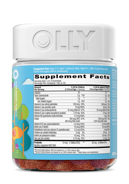 OLLY Kids Multivitamin & Probiotic Gummy, Digestive Support, Vitamins A, D, C, E, B, Zinc, Chewable Supplement, Berry Flavor, 50 day supply - 100 Count