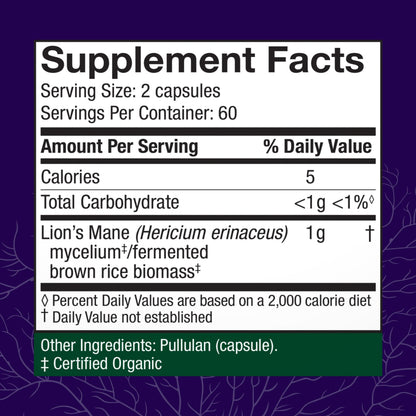 Host Defense Mushrooms Lion's Mane - Supplement Capsules for Brain Health Support - Mushroom Support for Focus & Memory Function