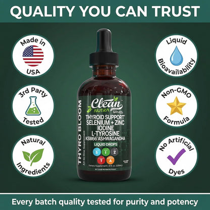 Clean Nutra Thyroid Support Drops Selenium Zinc Iodine L Tyrosine KSM66 Ashwagandha Vitamin D3 B12 A C Turmeric Kelp Schisandra Guggul Cayenne Basil Liquid Supplement Folate Copper Thyro Bloom Drop Clean NutraceuticalsBuy Supplements Australia