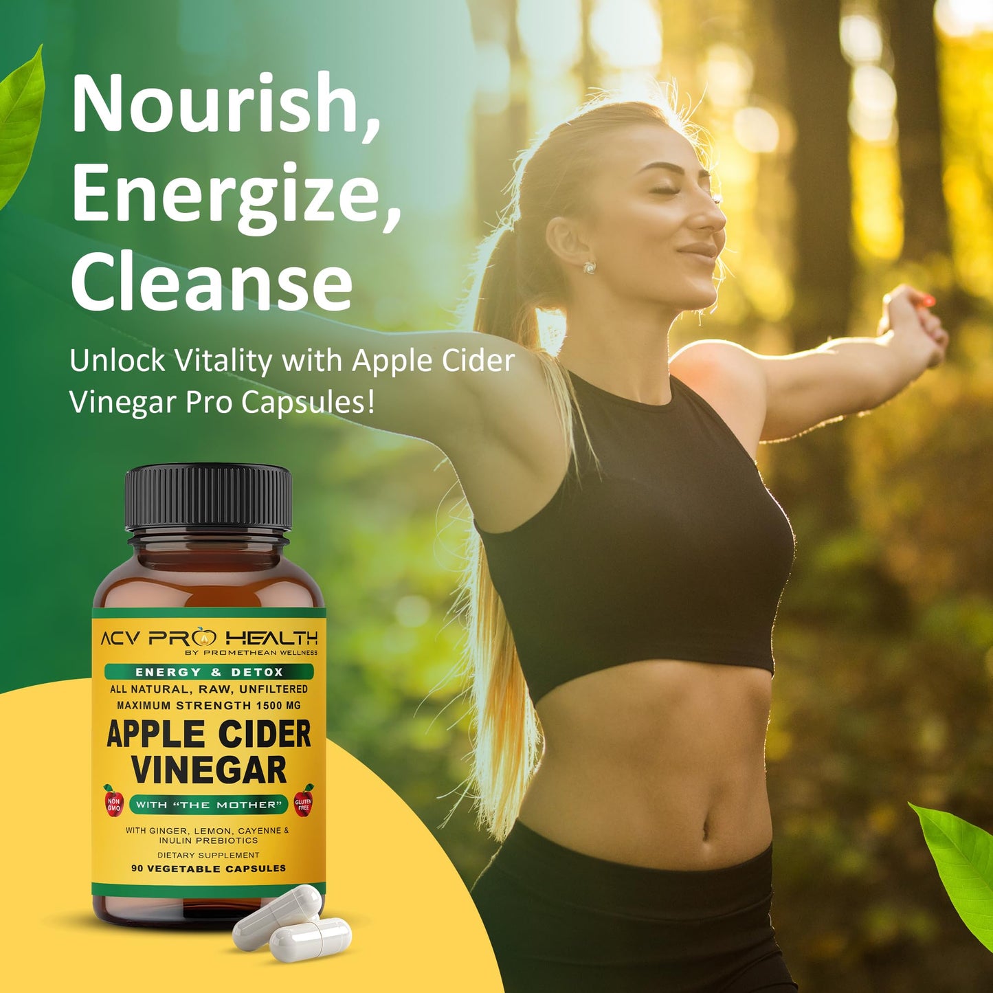 Promethean Wellness ACV Pro Apple Cider Vinegar Capsules Certified Organic with Mother ACV Pills Detox Cleanse Acid Reflux Relief Support Supplement Ginger