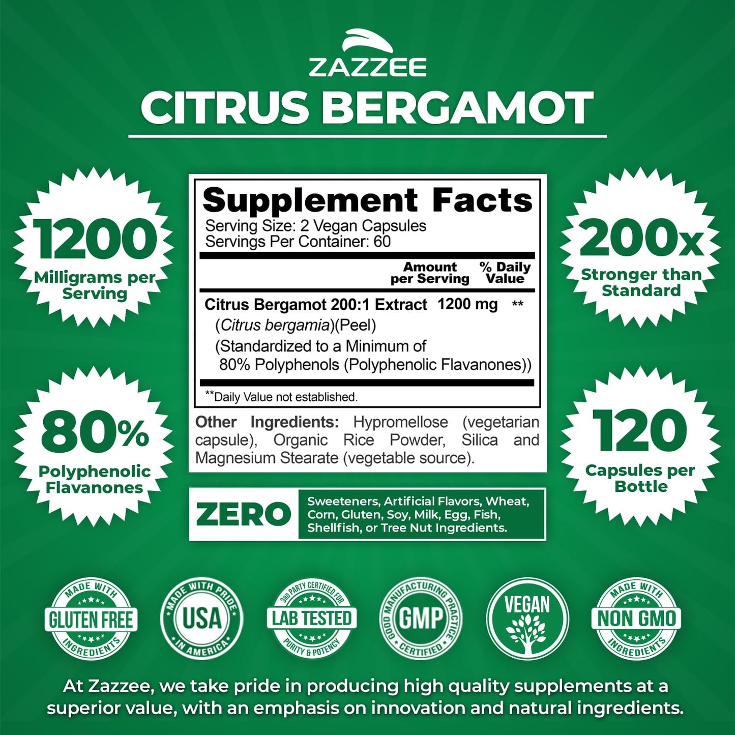 Zazzee Extra Strength Citrus Bergamot 200:1 Extract 1200 mg, 80% Polyphenols, 120 Vegan Capsules, Standardized 200X Potency