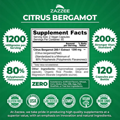 Zazzee Extra Strength Citrus Bergamot 200:1 Extract 1200 mg, 80% Polyphenols, 120 Vegan Capsules, Standardized 200X Potency