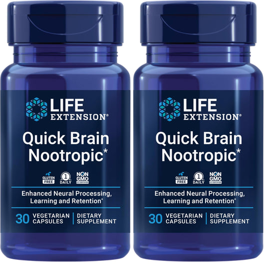 Two bottles of Life Extension Quick Brain Nootropic supplement on a white background