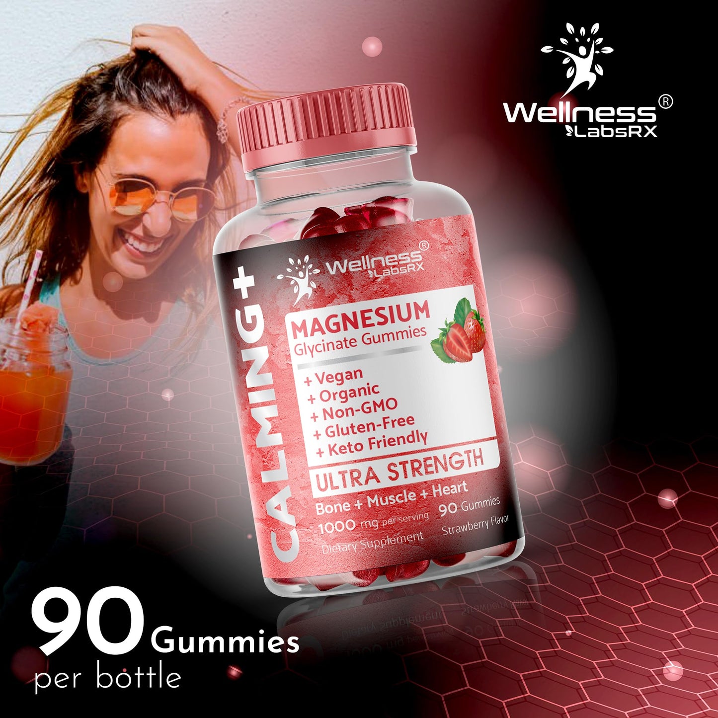Magnesium Glycinate Gummies, 1000 mg - Magnesium Supplement to Support Relaxation, Heart Health - Chewable Calm Magnesio Gummies for Adults, Glicinato De Magnesio - Strawberry Flavor WELLNESS LABSRXBuy Supplements Australia