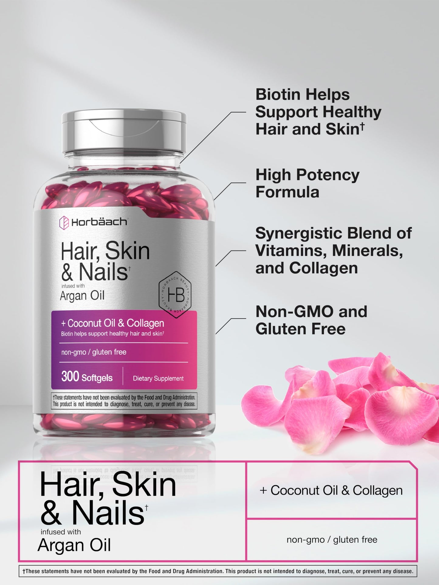 Horbäach Hair Skin and Nails Vitamins | 300 Softgels | with Biotin and Collagen | Infused with Argan Oil and Coconut Oil