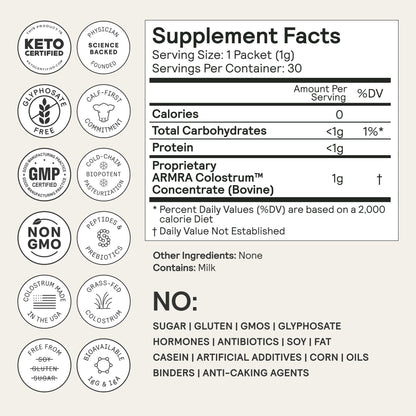 ARMRA Colostrum Powder | Unflavored | Gut Health & Bloating | Skin & Hair | Immunity | Keto, Gluten & Fat-Free | 30 Servings