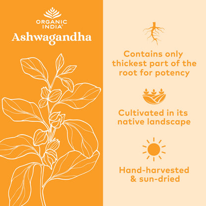 ORGANIC INDIA Ashwagandha Capsules - Organic Ashwagandha Supplement - Vegan Ashwagandha Root, Gluten-Free, Kosher, Non-GMO, Supports Stress Relief,