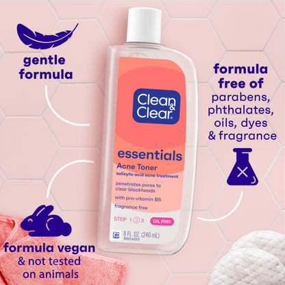 Clean & Clear Essentials Oil-Free Acne Toner, 2% Salicylic Acid Acne Treatment with Pro-Vitamin B5, Deep Pore Facial Toner