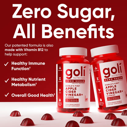 Goli Zero Sugar Apple Cider Vinegar Gummies - ACV with Vitamin B12 and Probiotics - No Sugar Alcohols - Vegan, Keto-Friendly, Gluten-Free