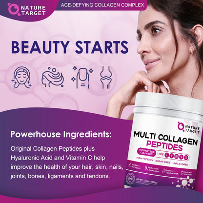 NATURE TARGET Multi Collagen Peptides Powder - Type I, II, III, V, X - Hydrolyzed Collagen Peptides with Vitamin C Hyaluronic Acid, Supports Skin Hair Nail & Joint