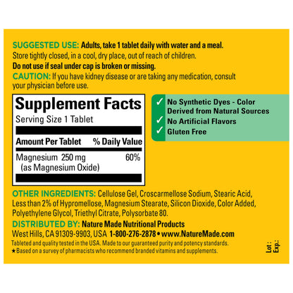 Nature Made Magnesium Oxide 250 mg, Magnesium Supplements for Men and Women, Support for Muscle, Heart