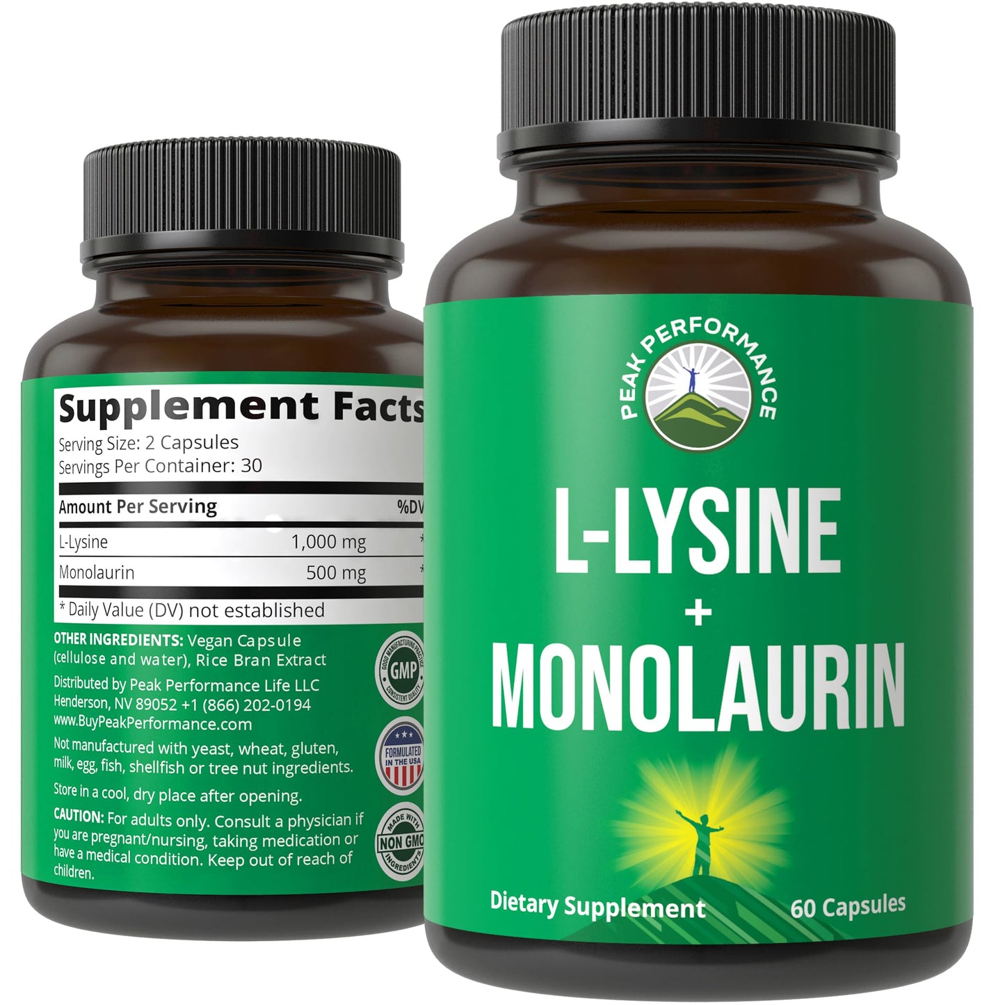 Peak Performance L Lysine 1000mg + Monolaurin 500mg Supplement for Immune Support - High Potency L-Lysine for Lips, Skin, & Health - 2-in-1 Bioavailable Supplements for Men and Women - 60 Capsules Peak PerformanceBuy Supplements Australia