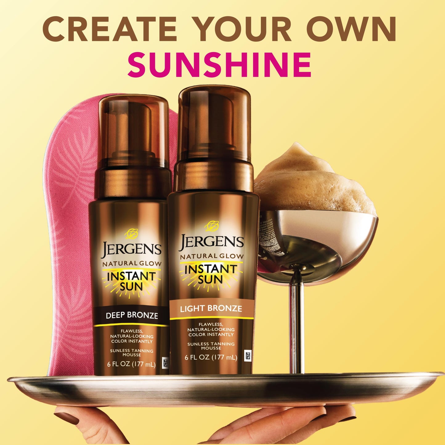 Jergens Natural Glow Instant Sun Body Mousse, Self Tanner for Light Bronze Tan, Sunless Tanning Body Bronzer