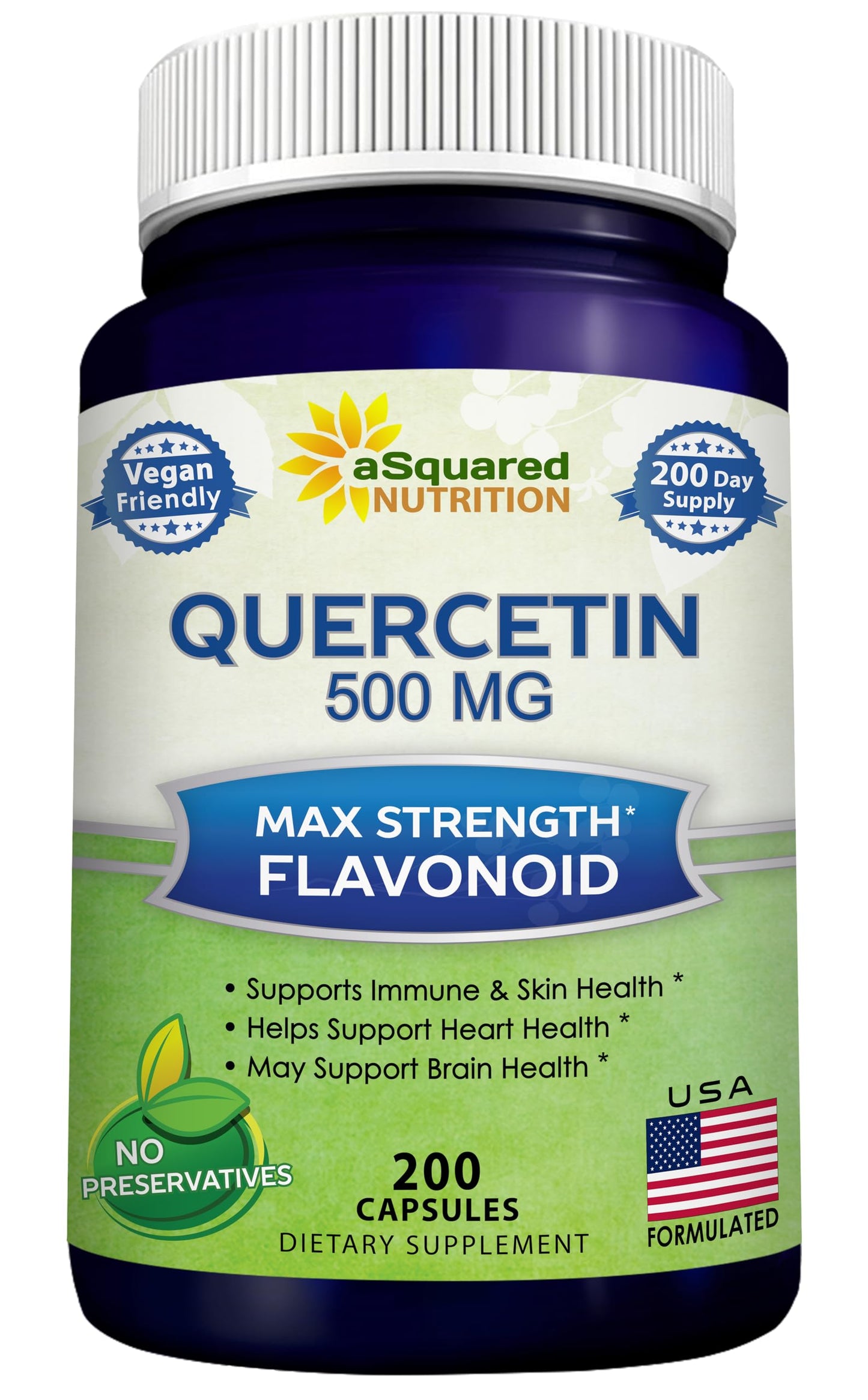 aSquared Nutrition Quercetin 500mg Supplement - 200 Capsules - Quercetin Dihydrate to Support Cardiovascular Health - Max Strength Powder Complex