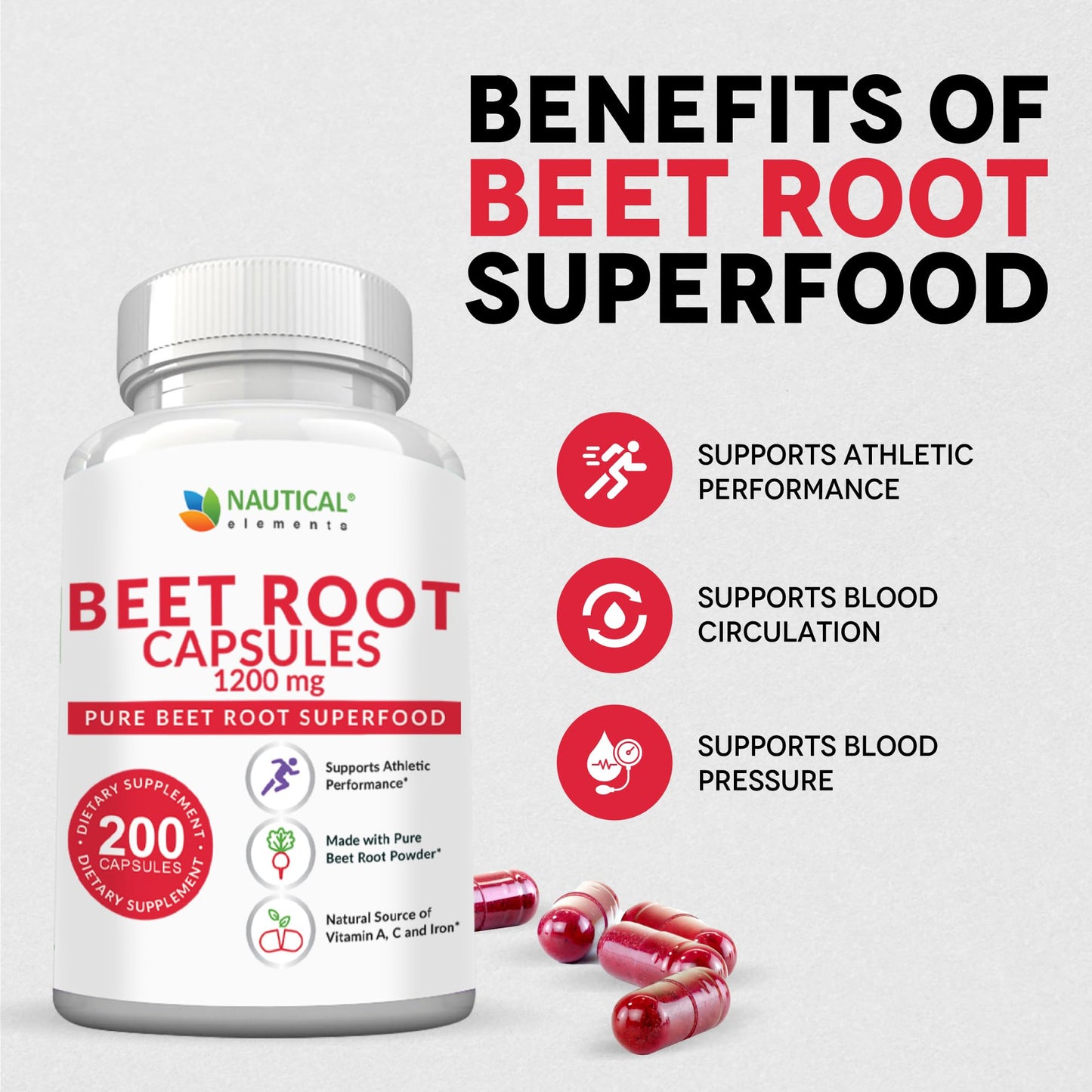 Beet Root Capsules - 1200mg Per Serving - 200 Beet Root Powder Capsules - Beetroot Powder Supports Blood Pressure, Athletic Performance, Digestive