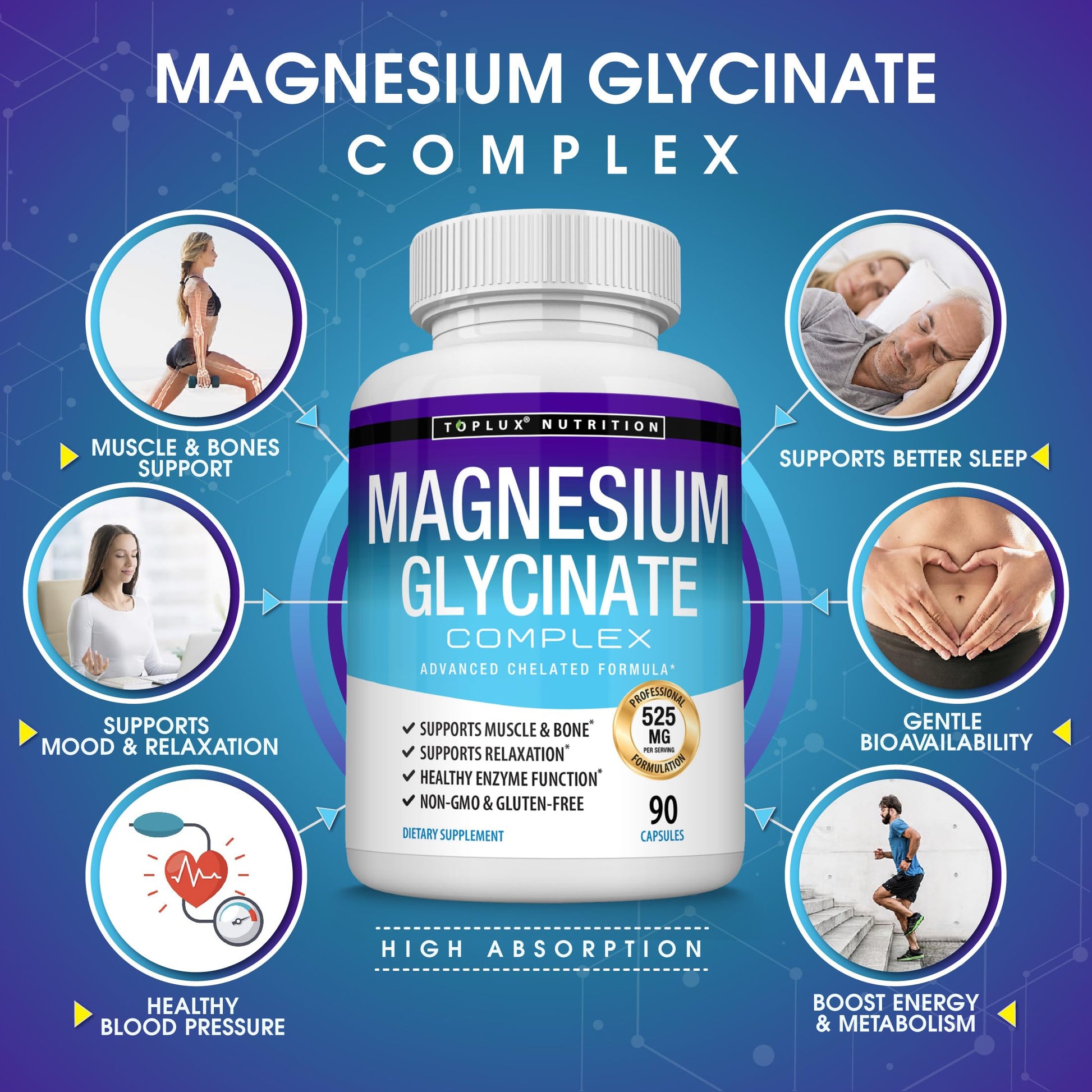 Magnesium Glycinate 525mg - High Absorption Chelated Magnesium Supplement Made with Pure Magnesium Glycinate - Supports Muscles, Sleep, Cramps, Recovery Bisglycinate Complex Vegan Non-GMO 90 Capsules Toplux buy supplements Au