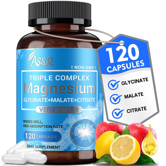 Bottle of ASSR Triple Complex Magnesium supplement with label and capsules on a white background