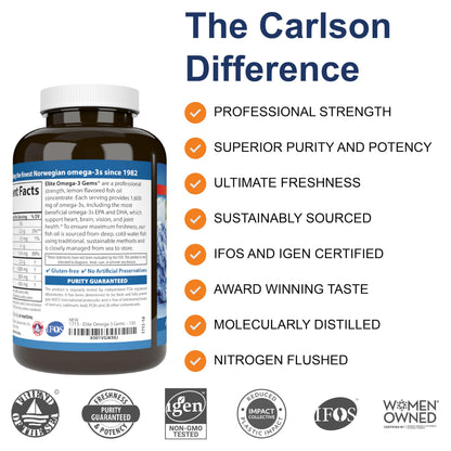 Carlson - Elite Omega-3 Gems, 1600 mg Omega-3 Fatty Acids Including EPA and DHA, Norwegian, Wild-Caught Fish Oil Supplement, Sustainably Sourced Omega