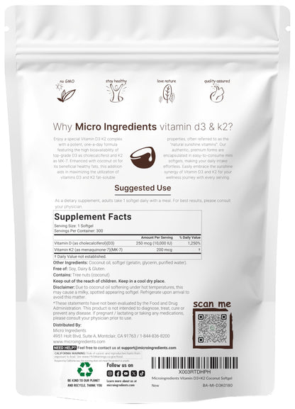 Micro Ingredients Vitamin D3 10,000 IU + K2 MK-7 200 mcg, 300 Softgels with Virgin Coconut Oil | 2-in-1 Vitamins D & K Complex