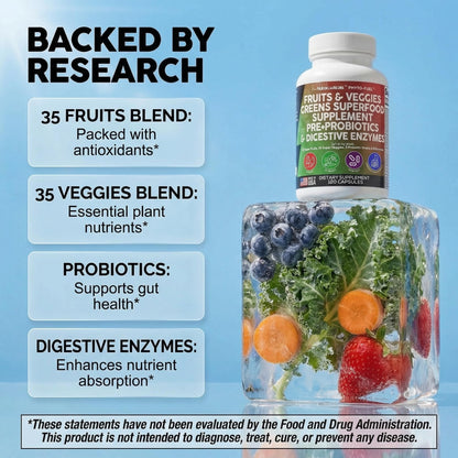 Clean Nutraceuticals Fruits and Veggies Supplement Reds & Green Superfood - Balance of Over 70 Fruit & Vegetable Supplements Capsules with Probiotics Prebiotics Digestive Enzymes - 120 Ct USA Clean NutraceuticalsBuy Supplements Australia
