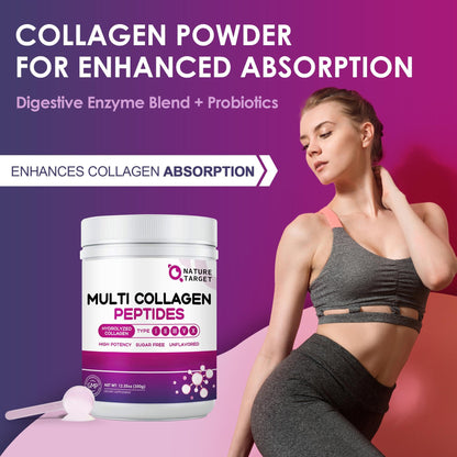 NATURE TARGET Multi Collagen Peptides Powder - Type I, II, III, V, X - Hydrolyzed Collagen Peptides with Vitamin C Hyaluronic Acid, Supports Skin Hair Nail & Joint