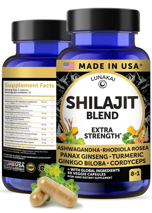Lunakai USA Made Pure Shilajit Capsules with Ashwagandha, Rhodiola & Cordyceps - Extra Strength Shilajit Extract for Men & Women, 60ct LunakaiBuy Supplements Australia