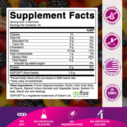 Vitamatic Prebiotic Fiber Gummies for Adults – 2 Pack (Total 120 Gummies) 7g Fiber per Serving | Extra Strength | Zero Sugar Added | Pectin-Based