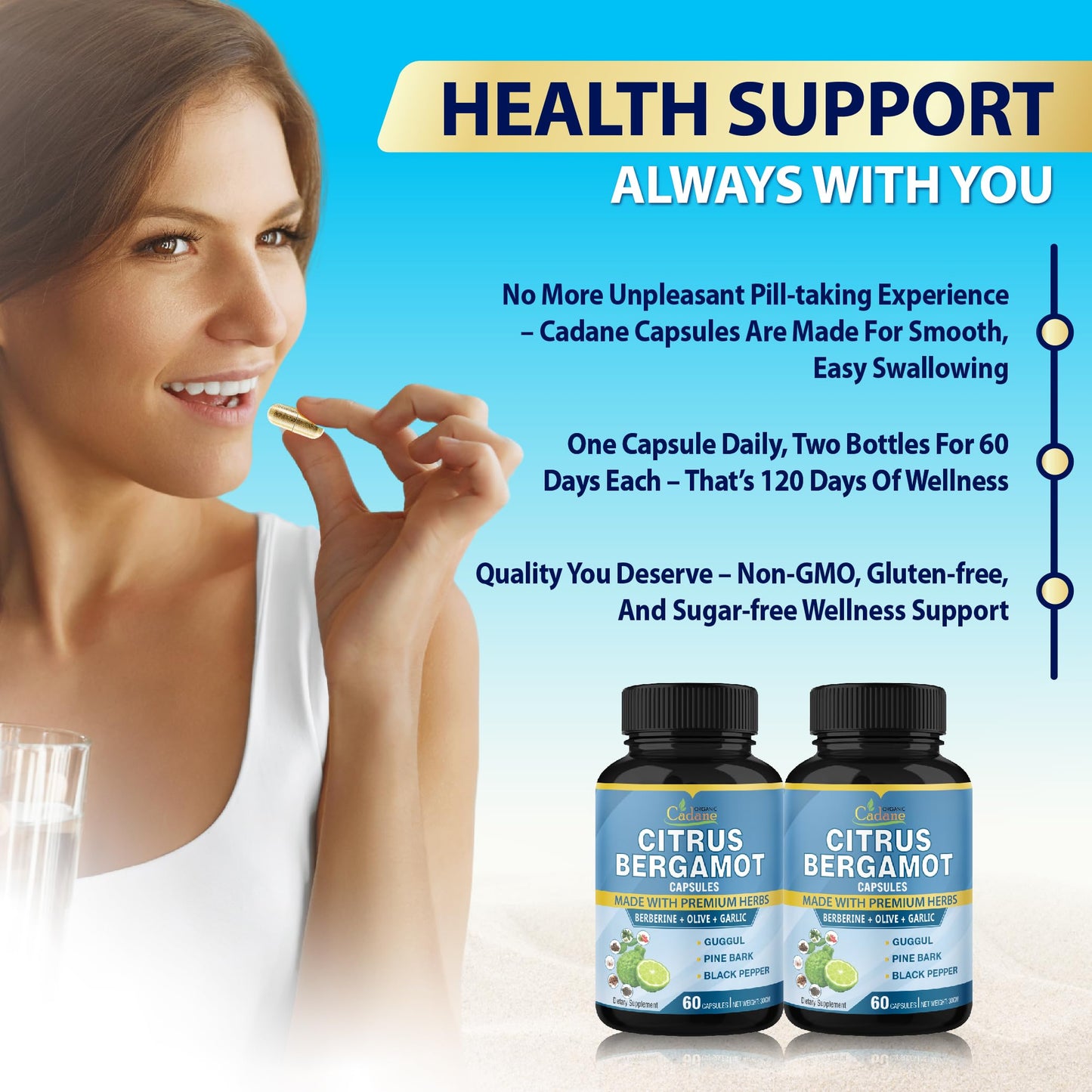 Cadane 2 Packs Citrus Bergamot Extract Capsules with Berberine, Olive, Guggul, Garlic, Pine Bark, Black Pepper | 4 Months Supply