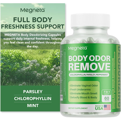 MEGNETA Body Deodorizing Supplement, Natural Internal Odor Control Pills for Men & Women, Chlorophyll Capsules for Skin, Breath and Gut Health (60 Capsules)